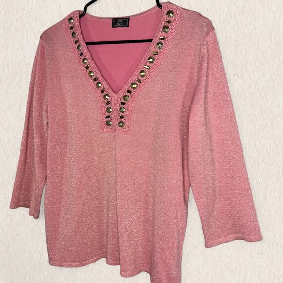 Lark Lane Pink Shimmer Knit Embellished Top Size M – Beaded Fairy Boho Y2K Glam - Picture 2 of 10